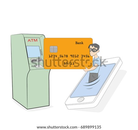 Vector illustration in modern flat linear style - hacker stealing credit card data in the process of mobile payment - email viruses, bank account hacking and fraud concept 