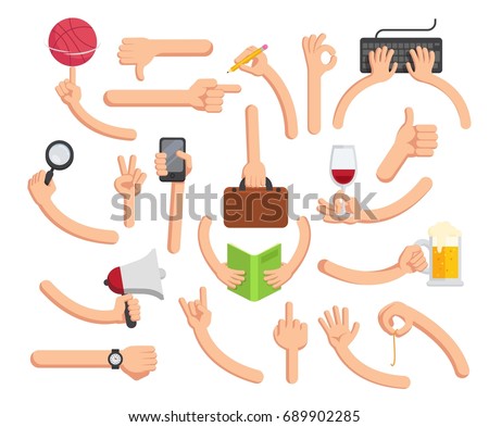 Hands in different poses. Big hand collection in flat style