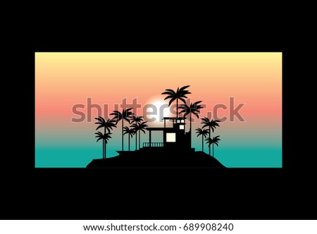 Tropical island with house and palms silhouette and sunset sky vector illustration