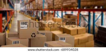 Group of composite cardboard boxes against boxes on pallet by rack Royalty-Free Stock Photo #689934028