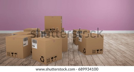 Group of illustrated cardboard boxes against room with wooden floor