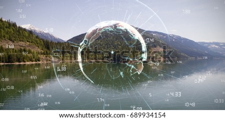 Image of earth with different times against mountain range by river against clear sky