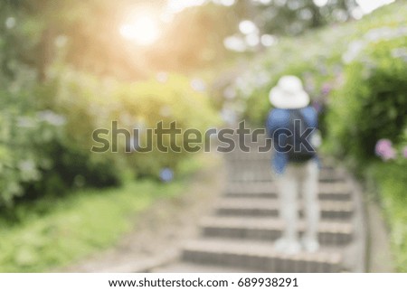 blurred back side of woman standing take photo flower in garden