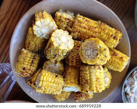 sweet corn sweetcorn cut on the cob cobettes cut cooked on table bowl  stock, photo, photograph, picture, image