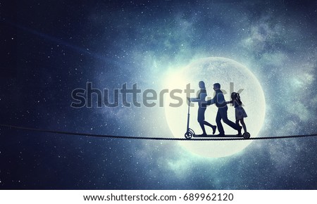 Family against full moon . Mixed media