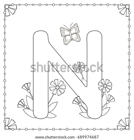 Alphabet coloring page. Capital letter "N" with flowers, leaves and butterfly. Vector illustration.