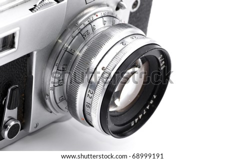 Detail of retro analog camera lens engravings isolated on white