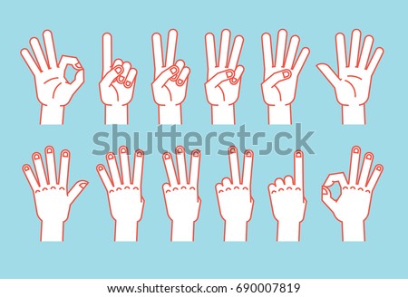 Count on fingers. Gesture. Stylized hands showing different numbers. Icons. Illustration on a blue background. Zero, one, two, three, four, five. Orange lines and white silhouette. Logo. Signs.