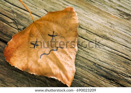 Brown dried  leaf with a picture of a sad face on the old wooden background with cracks