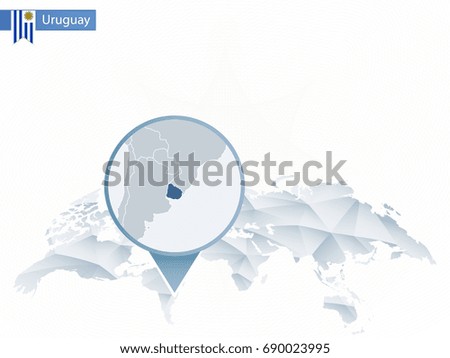 Abstract rounded World Map with pinned detailed Uruguay map. Vector Illustration.
