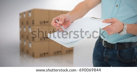 Delivery man with clipboard asking for signature against grey background