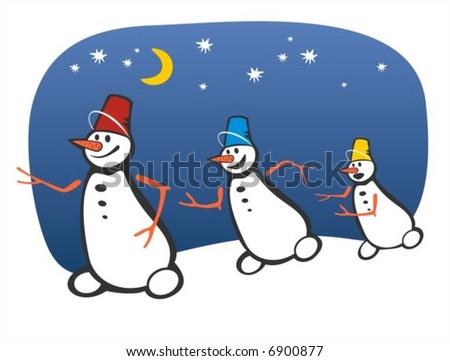 Three cheerful snowballs run on a background of the night star sky.