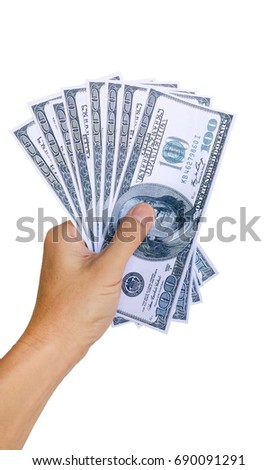 Cash in left hand.Hand holding cash isolated on white background with clipping path.