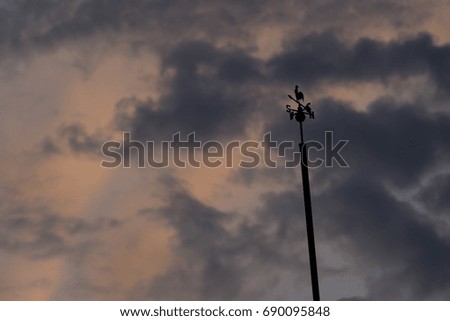 Chicken Weather Vane on wooden pole with beautiful  sunset sky.