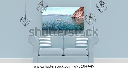 3d illustration of empty gray sofa with cushions against idyllic view of sea