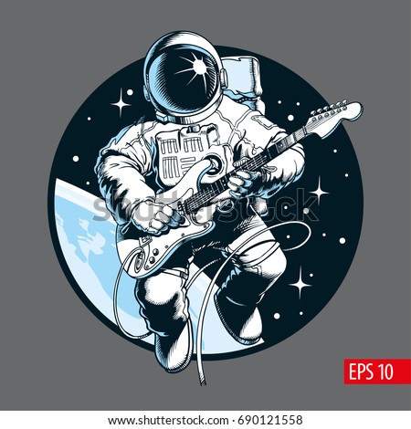 Astronaut playing electric guitar in space. Space tourist. Vector illustration.