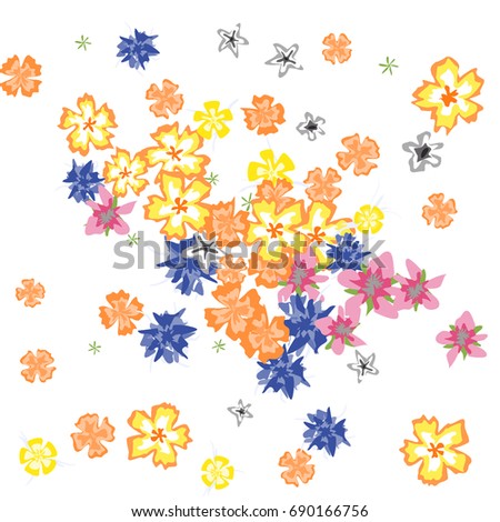 Cute Floral Background for Greeting Card, Flyer, Banner. Small Simple Flowers in Retro Style on White Background. Random Pattern.
