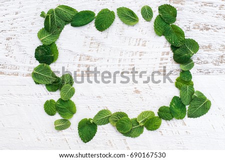 Mint leaves in a frame on white wooden background