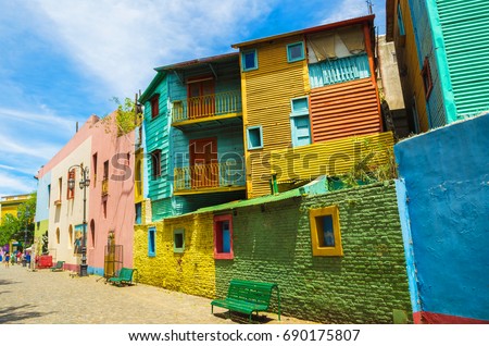 Bright colors of Caminito, the colorful street museum in La Boca neighborhood of Buenos Aires, Argentina - South America Royalty-Free Stock Photo #690175807