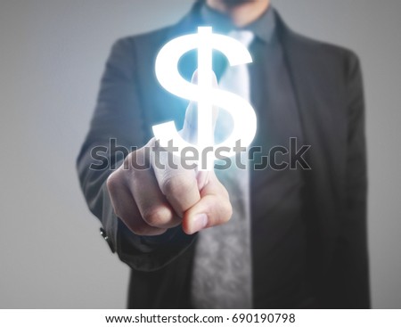 Businessman hand push American dollar currency symbol on internet and mobile application on visual screen, financial concept