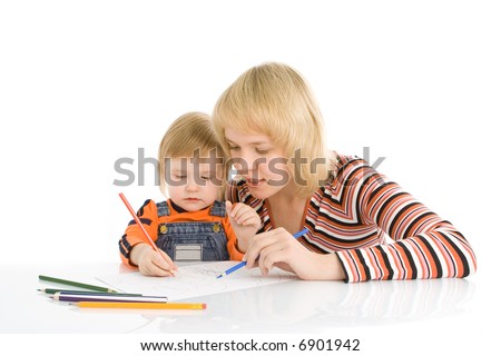 pretty baby and mother draw color pencil over white background