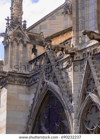 External view of the Notre Dame cathedral and its gargoyles, in Paris, France.