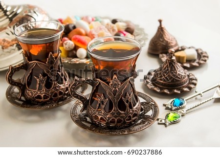 Traditional Turkish Tea with copper tea set,candy and spoons