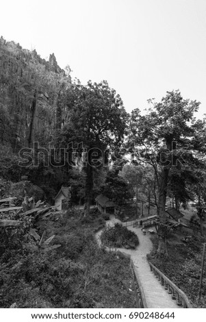 Vertical black and white picture of the stairs to reach the Tham Chang Cave in the city of Vang Vieng, Laos. Tropical Vegetation.