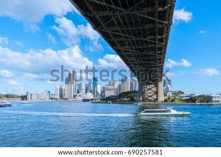 speed boat cruising pass through Under The Sydney Harbour Bridge with Sydney Australia city scape on blue sky clouds from harbour. 
Sailing into Sydney at day light.