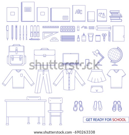 Set of school objects: eraser, pens, brush, ruler, notebook, globe, laptop, scissors, school uniform, glue, shoes, lamp, desk, schoolbag.