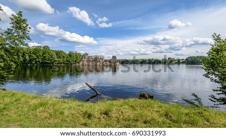 reflection of clouds in the lake with forest  and trees in background and summer flowers in foreground
