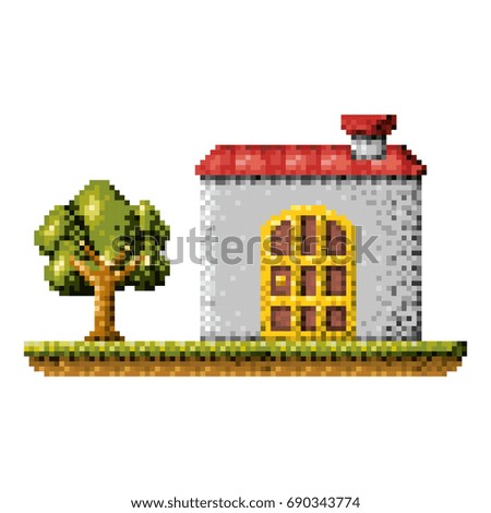 color pixelated house in meadow with tree vector illustration