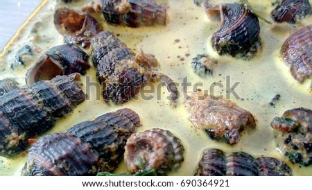 Coconut milk Curry with Snail shell local street food Thailand close-up picture