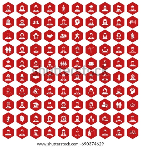 100 people icons set in red hexagon isolated vector illustration