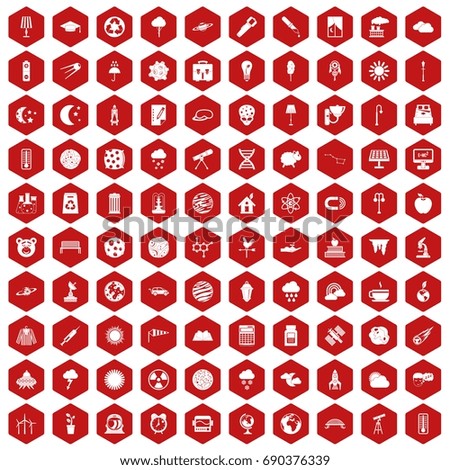 100 moon icons set in red hexagon isolated vector illustration