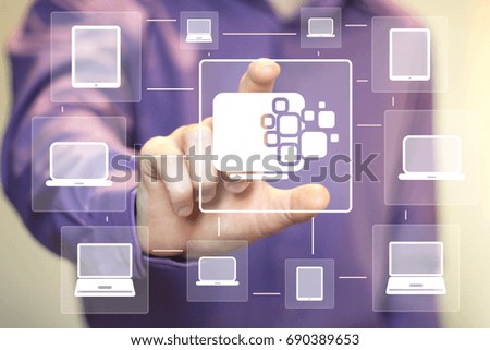 Businessman pressing button data transfer to computer online network