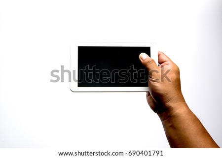 A man hand holding horizontal the white smartphone with blank screen on white background.