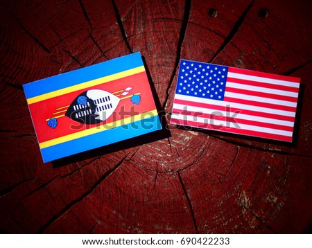 Swaziland flag with USA flag on a tree stump isolated