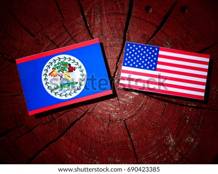 Belize flag with USA flag on a tree stump isolated