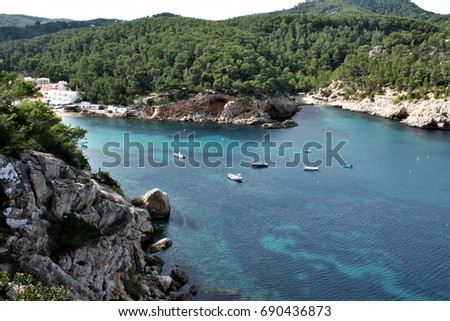 Views of Ibiza Balearic Islands, blue sea,Mediterranean sea, favorite destination of foreign tourists in Spain