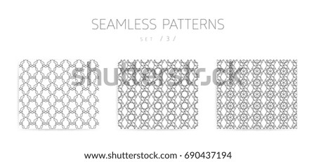 Universal high quality seamless geometric patterns collection with editable weight of strokes, clipping mask. Abstract black and white vector background in classical style