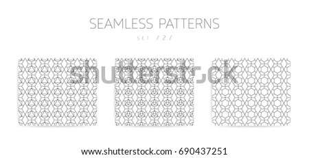 Universal high quality seamless geometric patterns collection with editable weight of strokes, clipping mask. Abstract black and white vector background in classical style