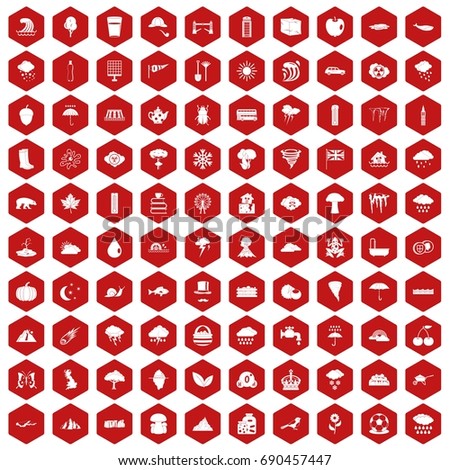 100 rain icons set in red hexagon isolated vector illustration