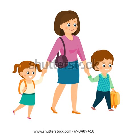 Mom holds her children's hand.Pupils go to school with mother.Isolated on white background. Cartoon style. Vector illustration
