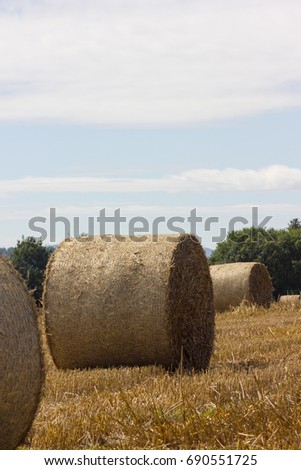 straw bale in stubble field in south german landscape in summer month august near stuttgart