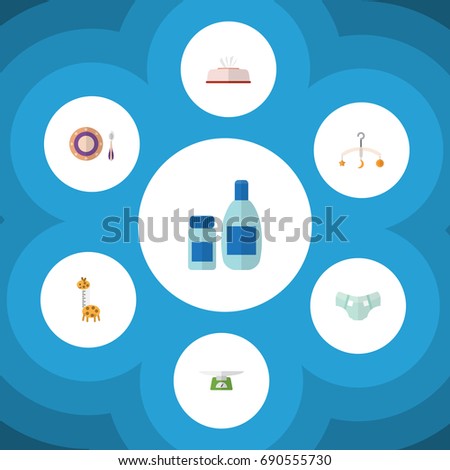 Flat Icon Baby Set Of Tissue, Cream With Lotion, Toy And Other Vector Objects. Also Includes Diaper, Weighing, Dish Elements.