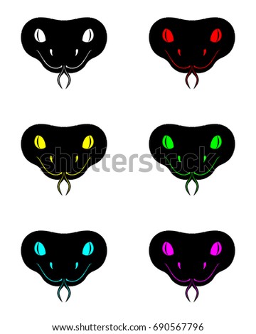 Silhouette of snake head in six colors, vector black head snake