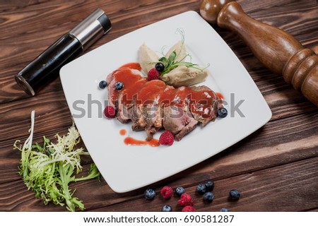 Steak chopped with ketchup