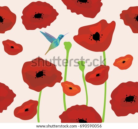 vector illustration of poppies floral background with hummingbirds