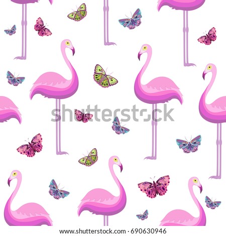 Flamingos and butterflies, seamless pattern, vector illustration